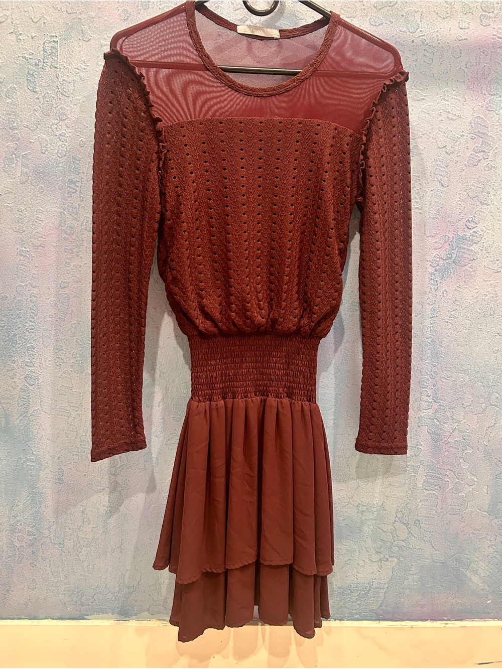 Octavia Long Sleeve Mesh & Tiered Dress in Rust